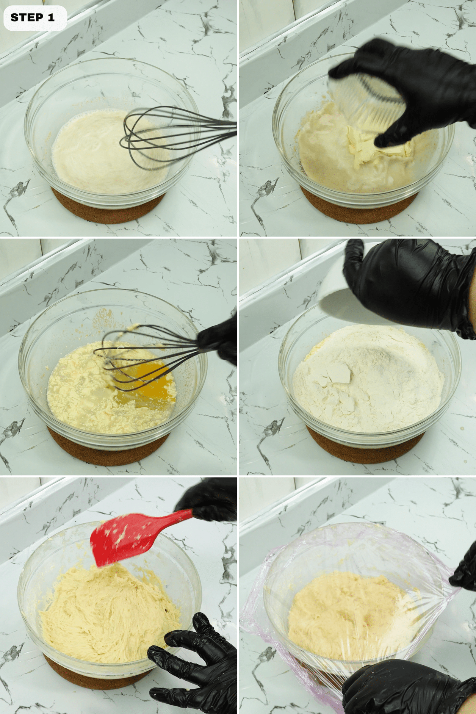 Collage of whisking warm milk mixture, adding butter and egg, and mixing flour in a glass bowl