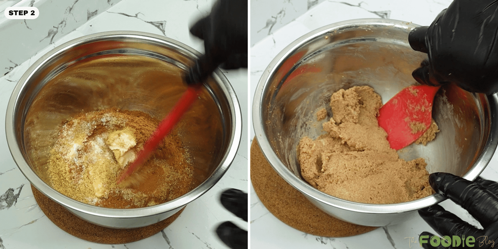 Brown sugar and cinnamon mixed with butter in a metal bowl for the filling