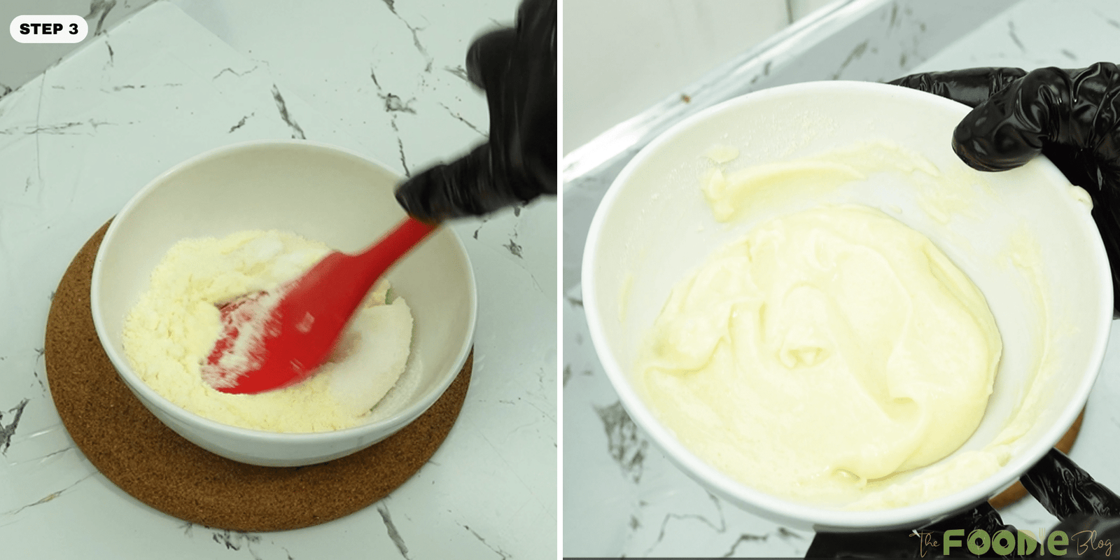 Mixing sugar with ingredients in a bowl, then showing a smooth pale cream cheese mixture