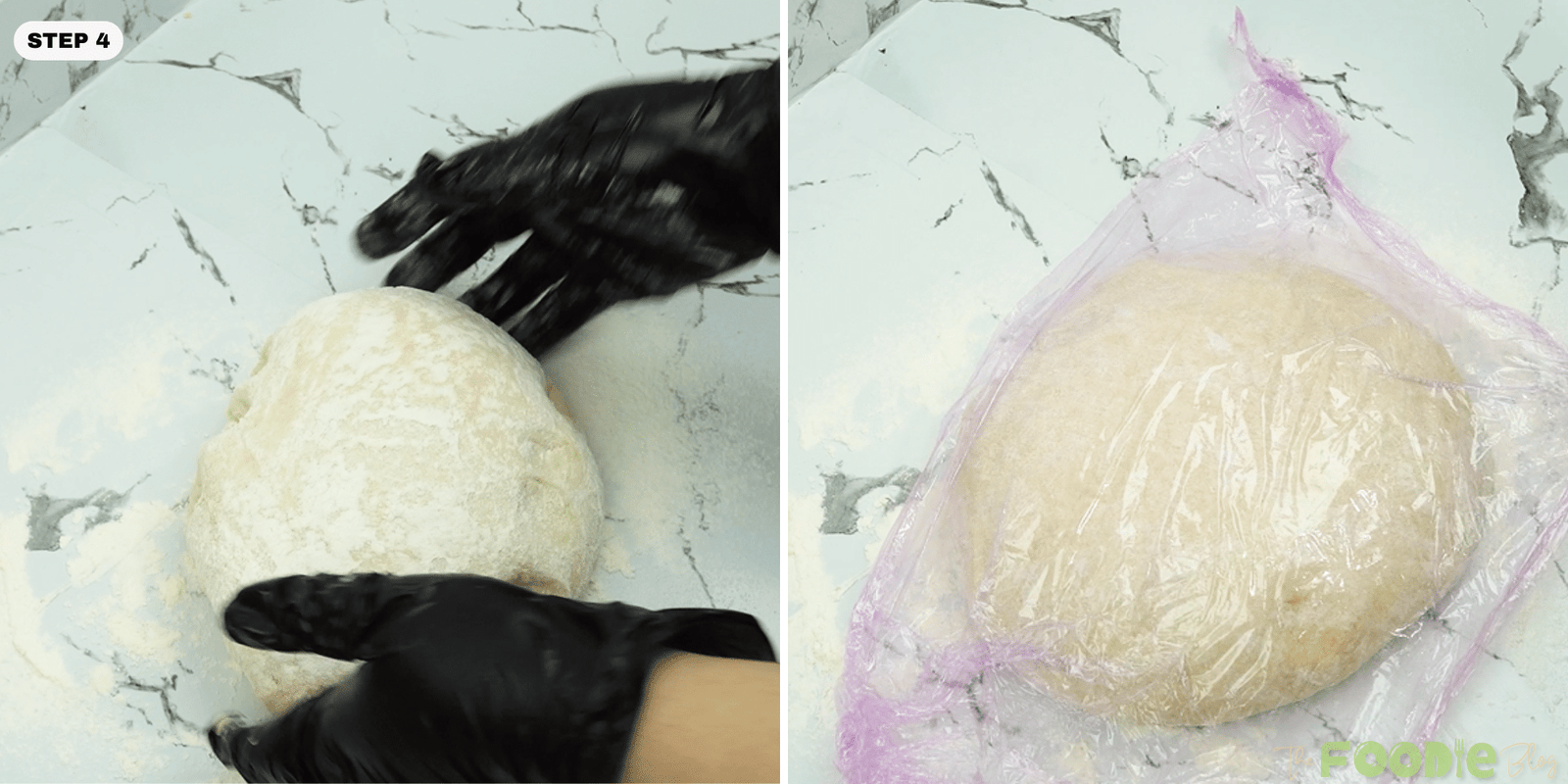 Dough ball on a floured surface and dough covered in plastic wrap to rest