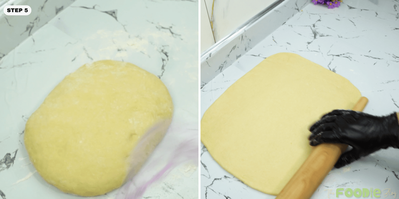 Rolling out a large sheet of dough with a rolling pin on a floured counter