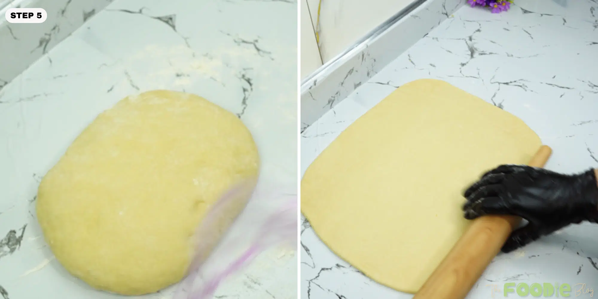 Rolling out a large sheet of dough with a rolling pin on a floured counter