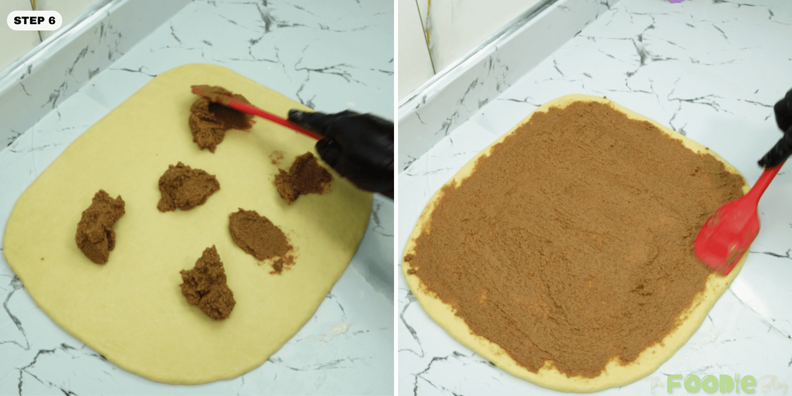 Cinnamon-brown sugar filling dotted and then spread evenly over rolled dough