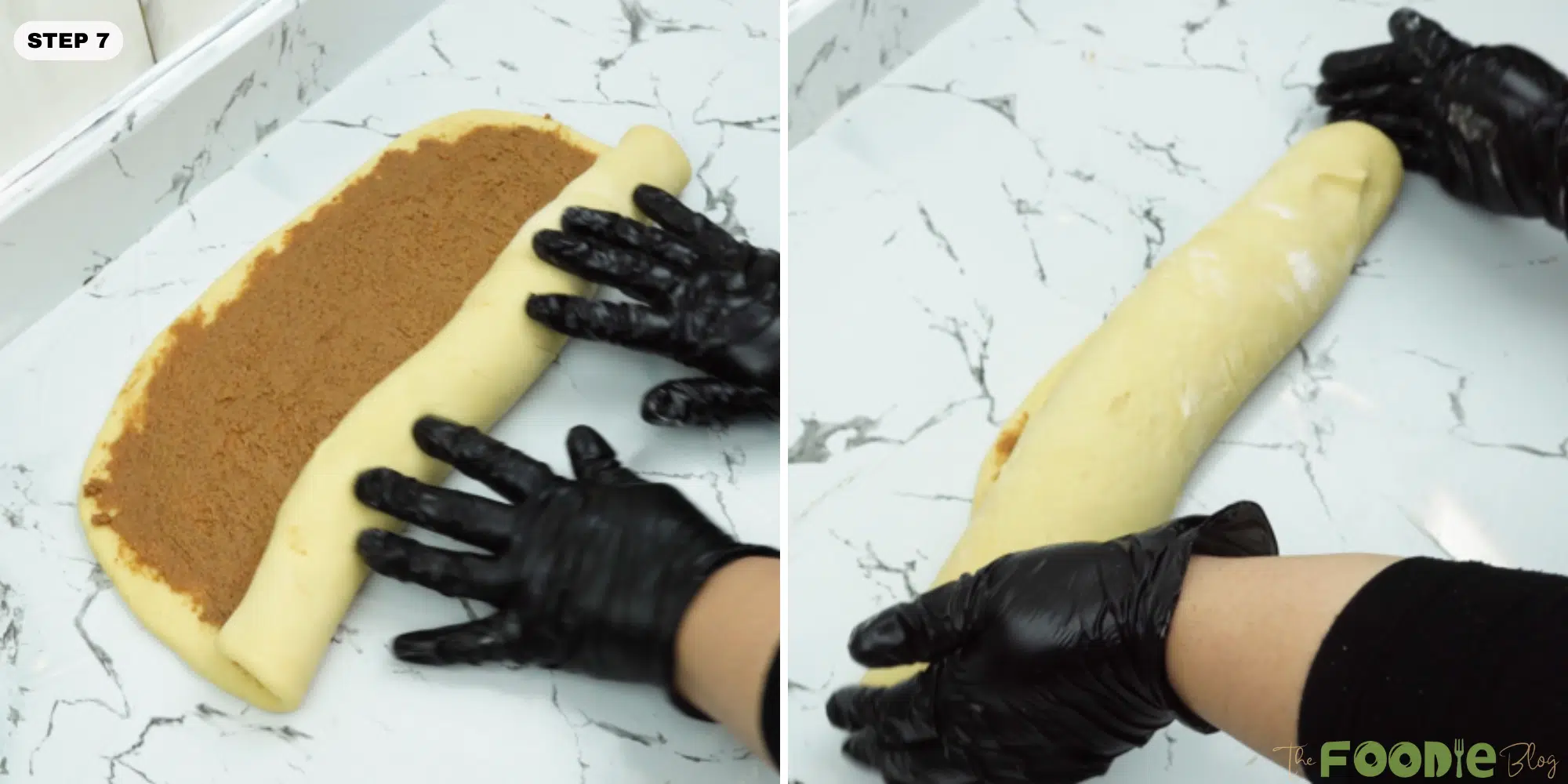 Hands rolling the filled dough into a tight log on the countertop