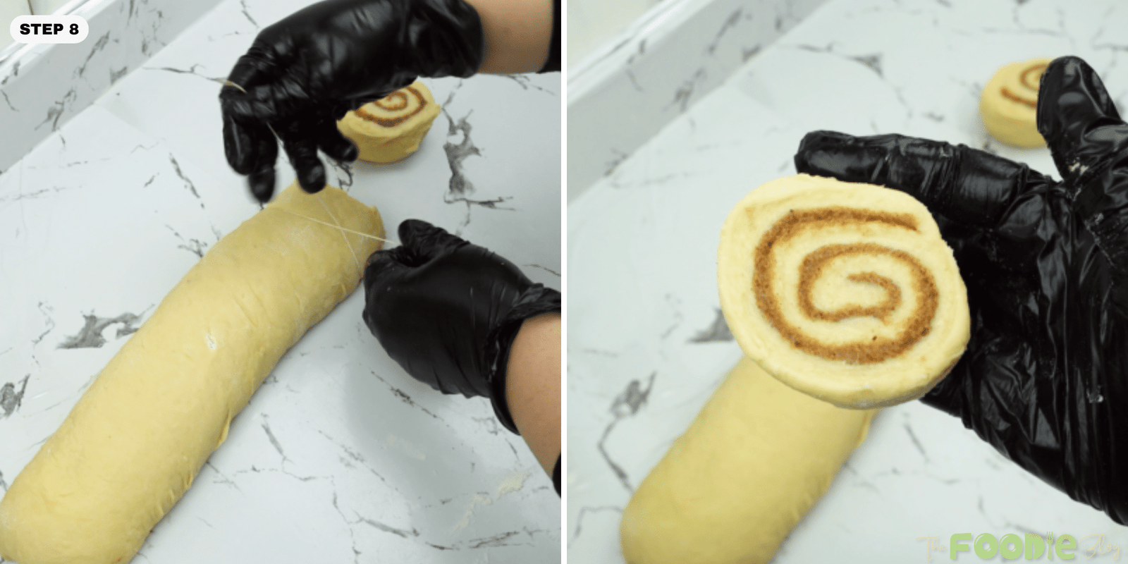 Cutting the dough log with string and holding a sliced cinnamon swirl close to the camera
