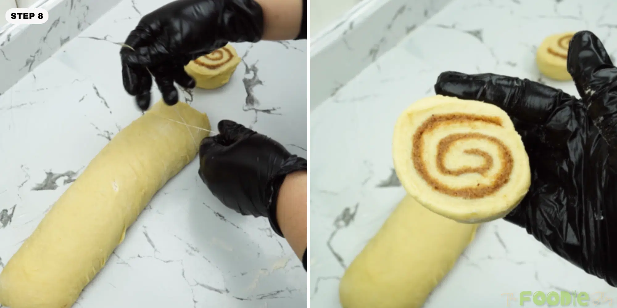 Cutting the dough log with string and holding a sliced cinnamon swirl close to the camera