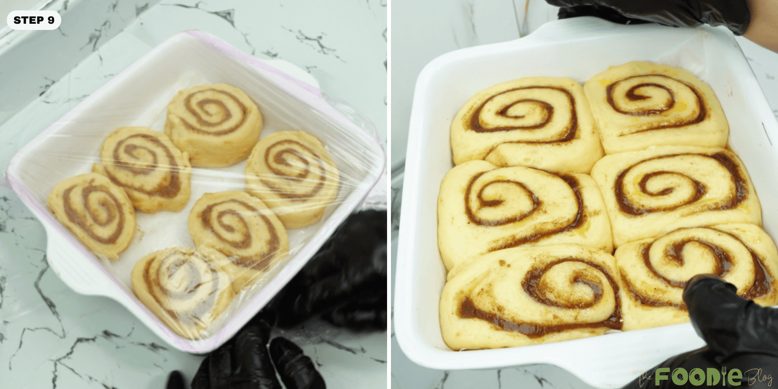 Cinnamon rolls arranged in a baking dish, covered to rise, and shown after they puff up