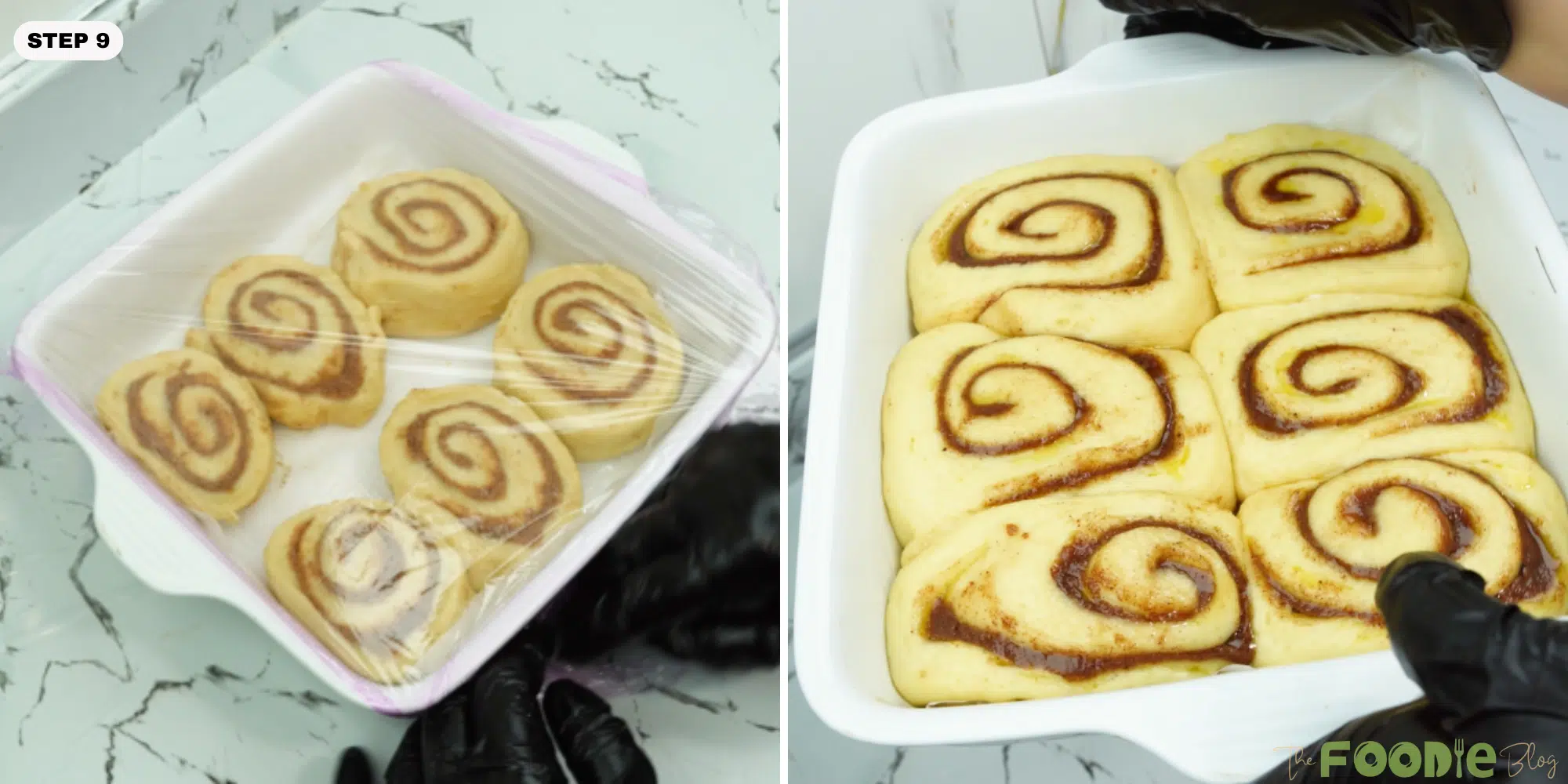 Cinnamon rolls arranged in a baking dish, covered to rise, and shown after they puff up