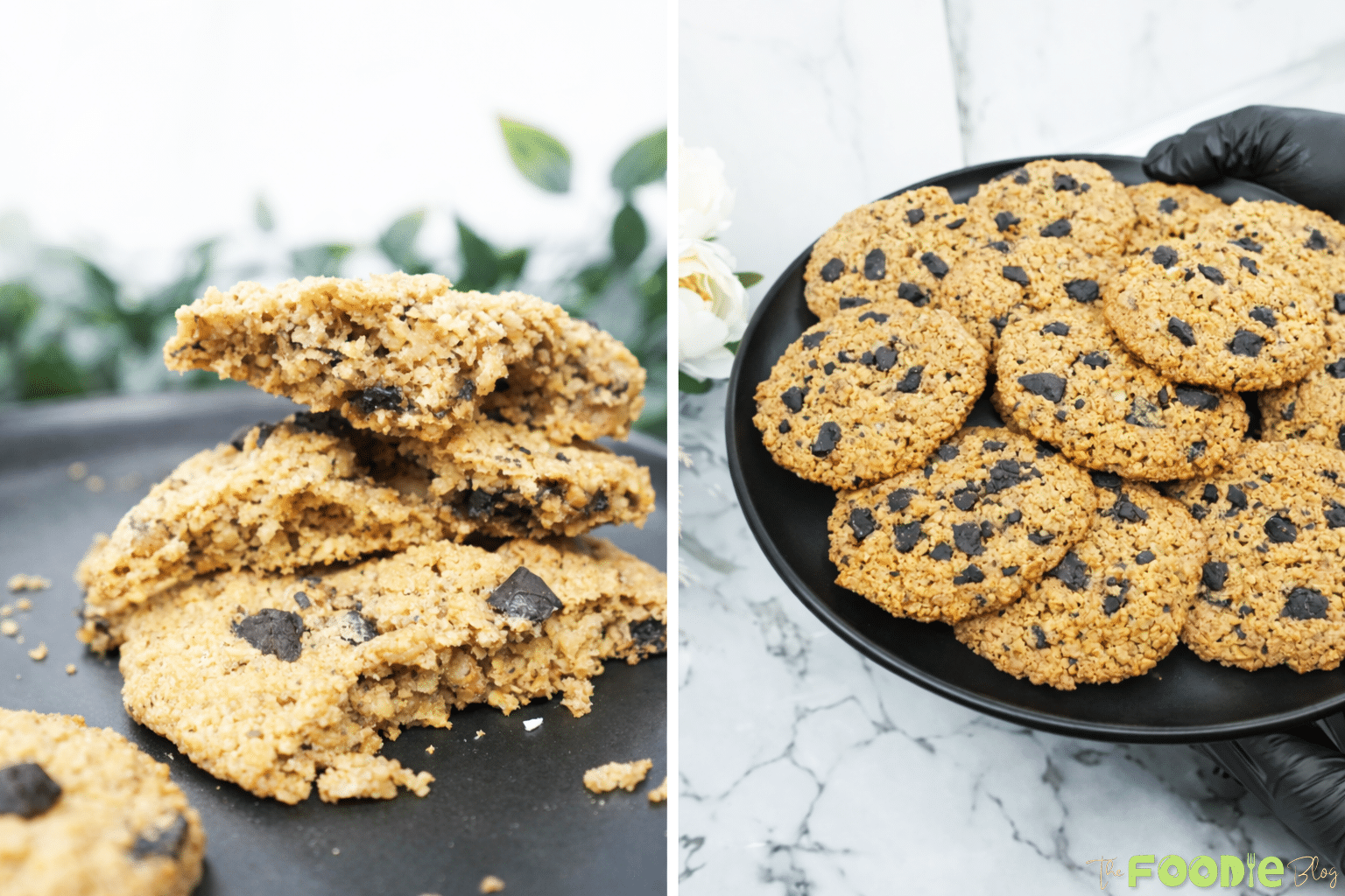 A plate of classic walnut cookies with chocolate chips, held on a black plate