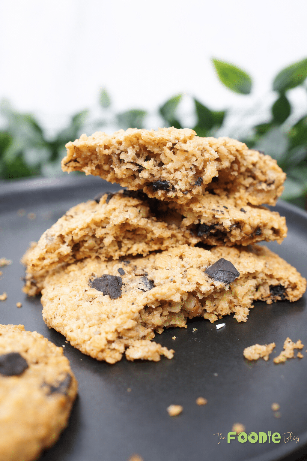 Stacked broken oat walnut cookies with chocolate chunks on a dark plate, showing the chewy texture.