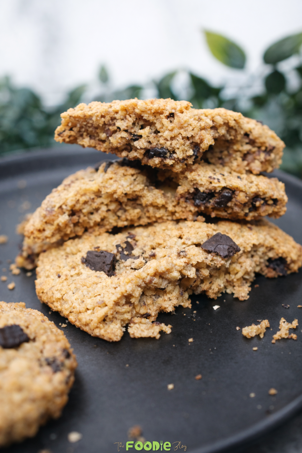 Stacked classic walnut cookies on a black plate with visible chocolate chips and a crisp golden texture.