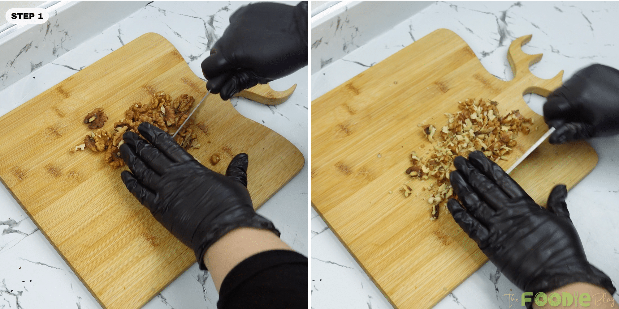 Hands chopping walnuts on a wooden cutting board for cookie dough.