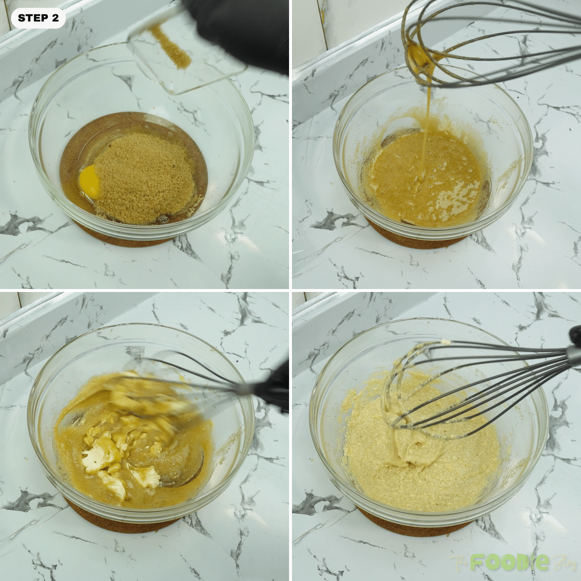 Brown sugar and egg being whisked in a glass bowl to start the cookie dough.