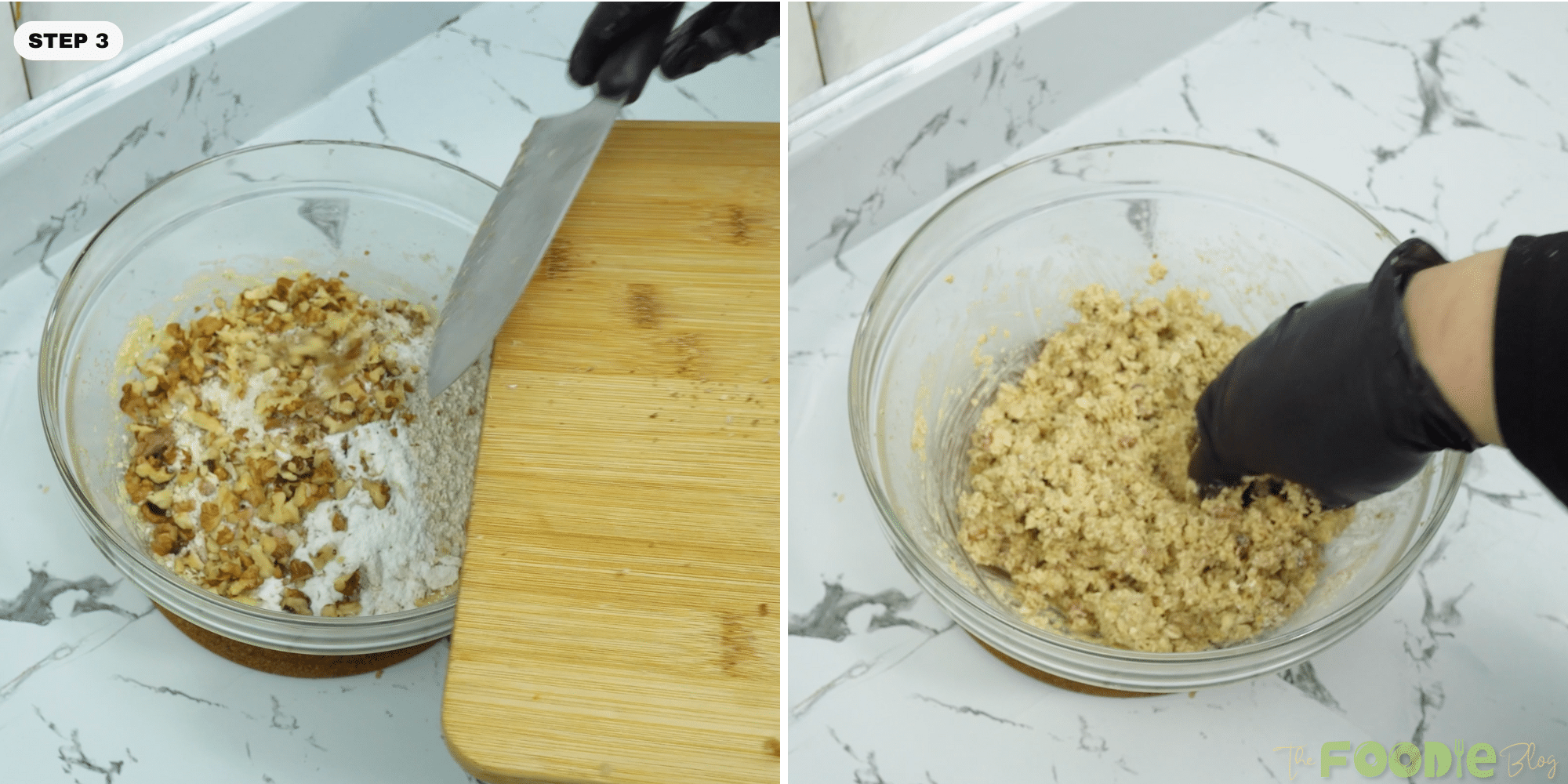 Chopped walnuts added into a bowl of oat mixture with a spoon mixing the dough.
