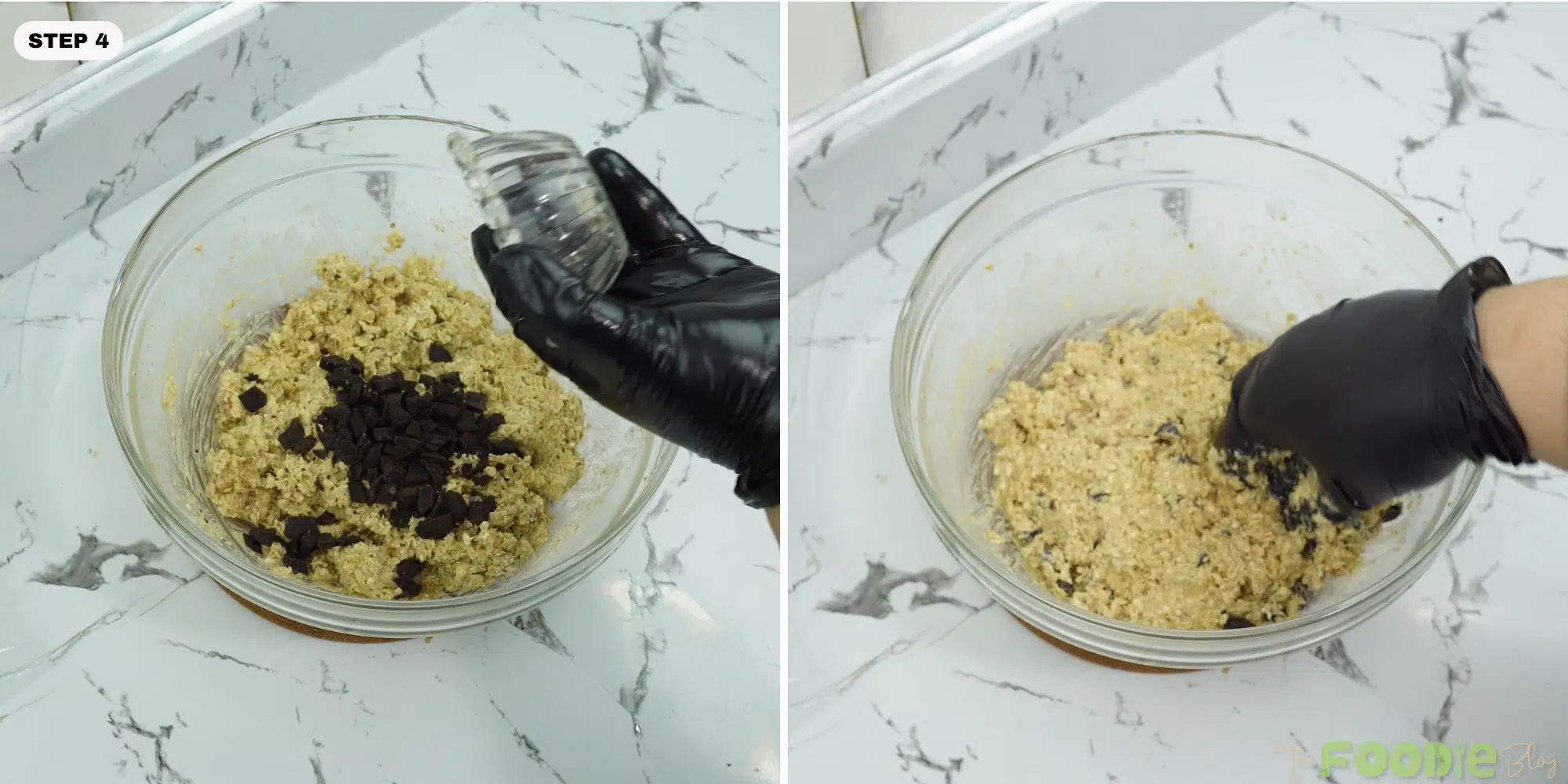 Chocolate chips poured into oat cookie dough in a glass bowl before mixing.