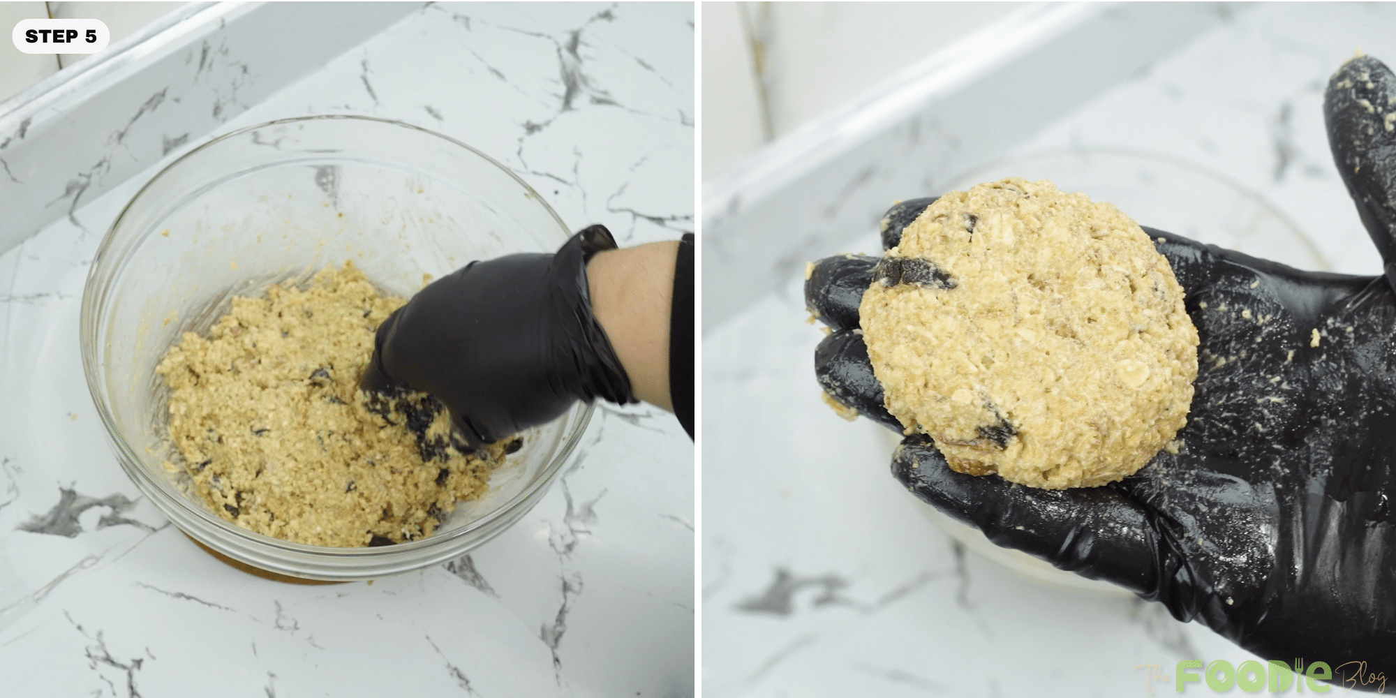 Gloved hand shaping a thick oat cookie dough ball before baki