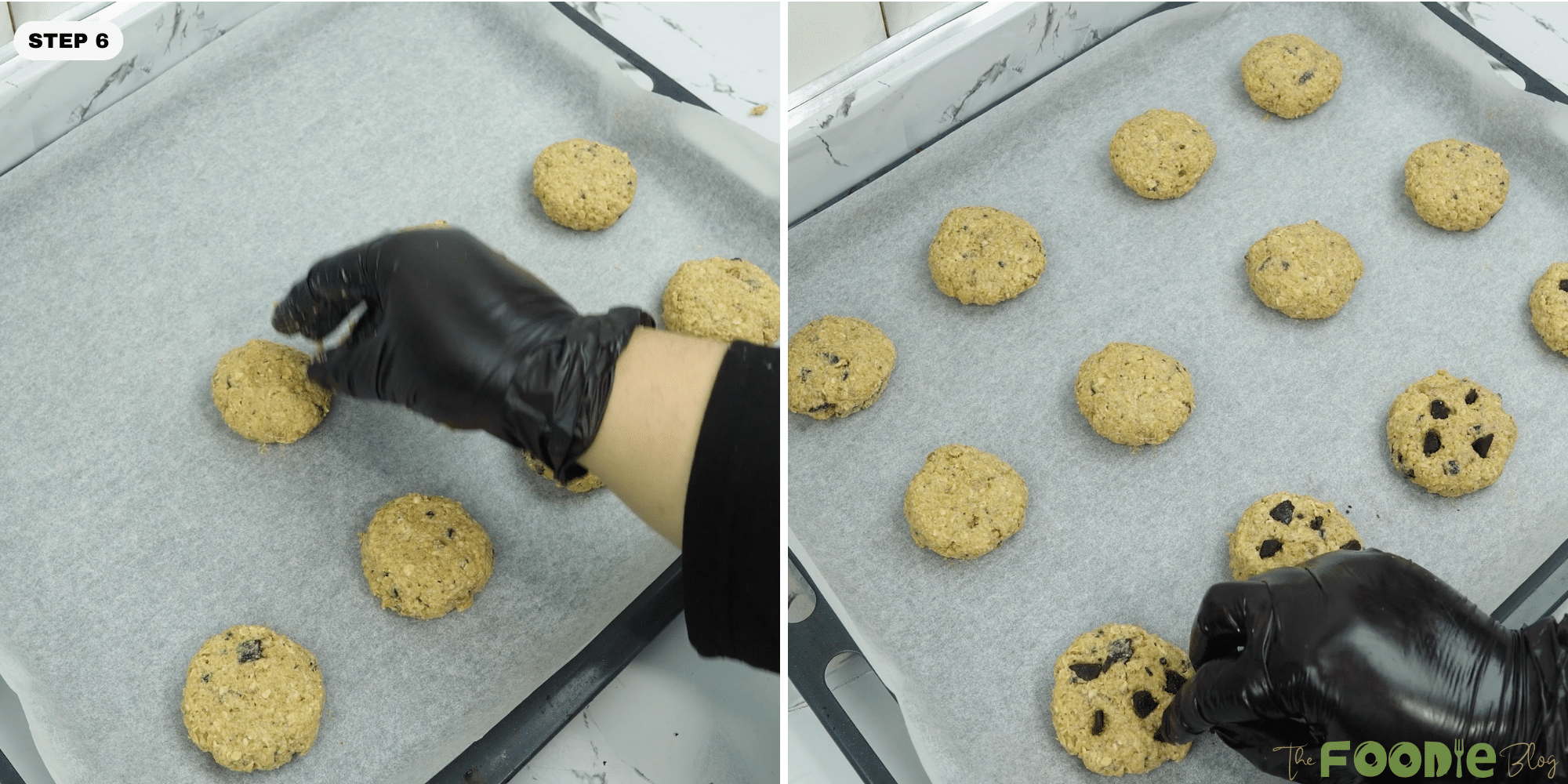 Cookie dough discs arranged on parchment paper on a baking sheet.