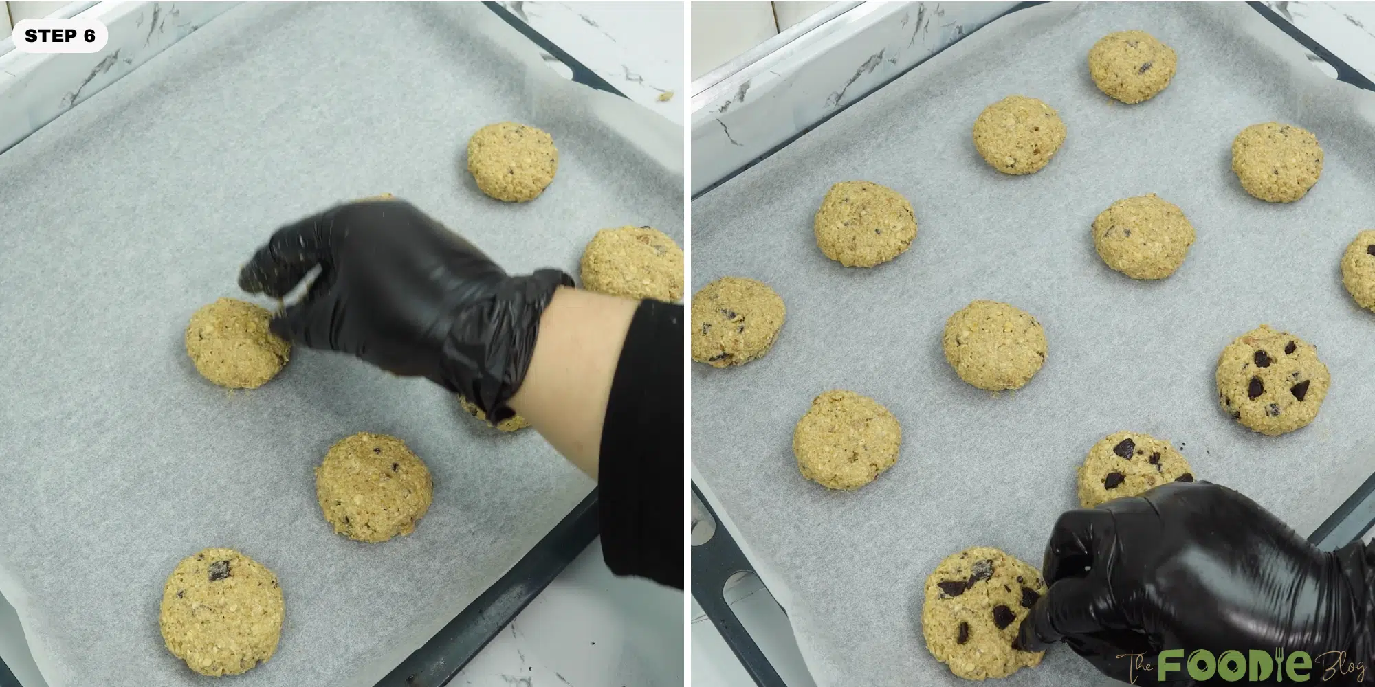 Cookie dough discs arranged on parchment paper on a baking sheet.