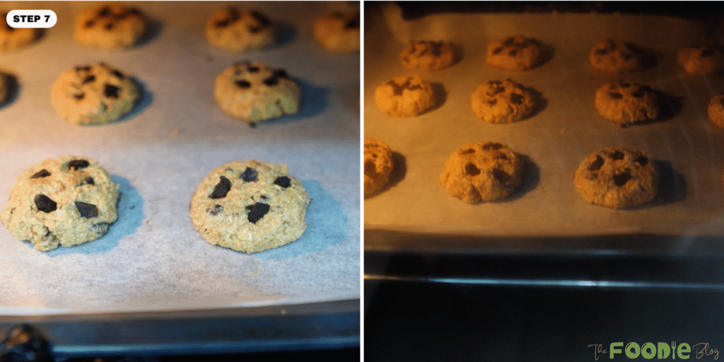 Cookie dough baking on parchment paper inside an oven.