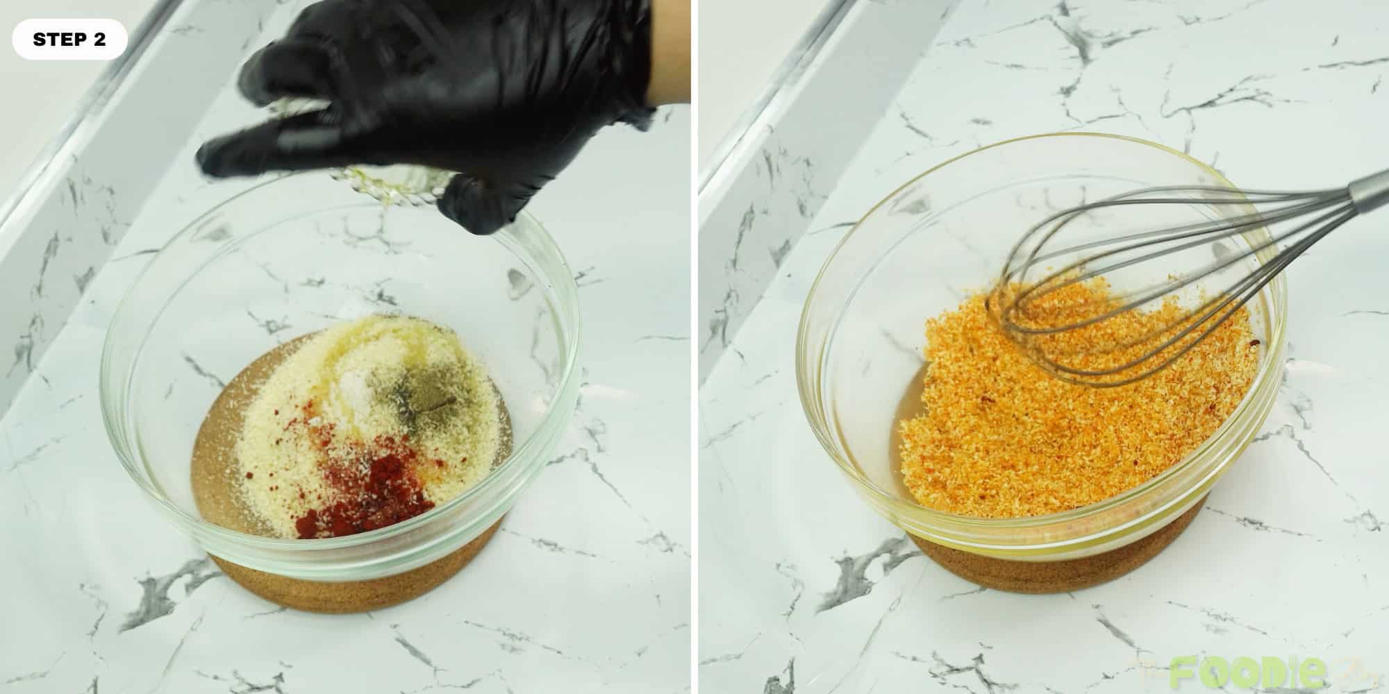 Spices being added to breadcrumbs in a bowl before mixing