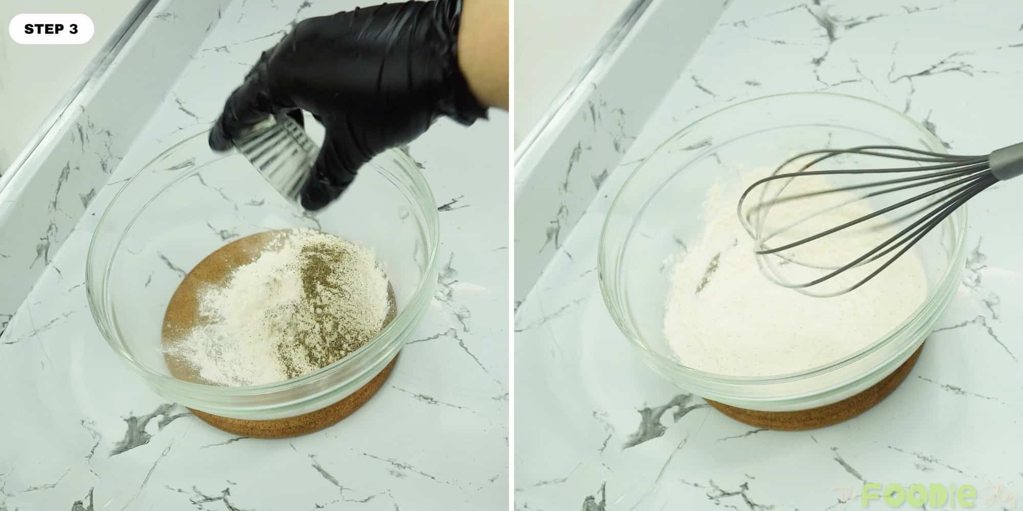 Flour with salt and black pepper being mixed in a glass bowl