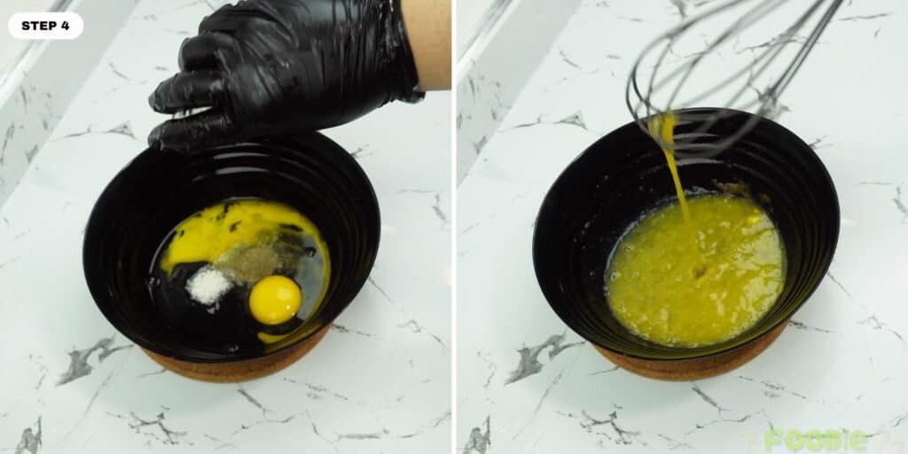 Eggs being whisked in a bowl to make an egg wash