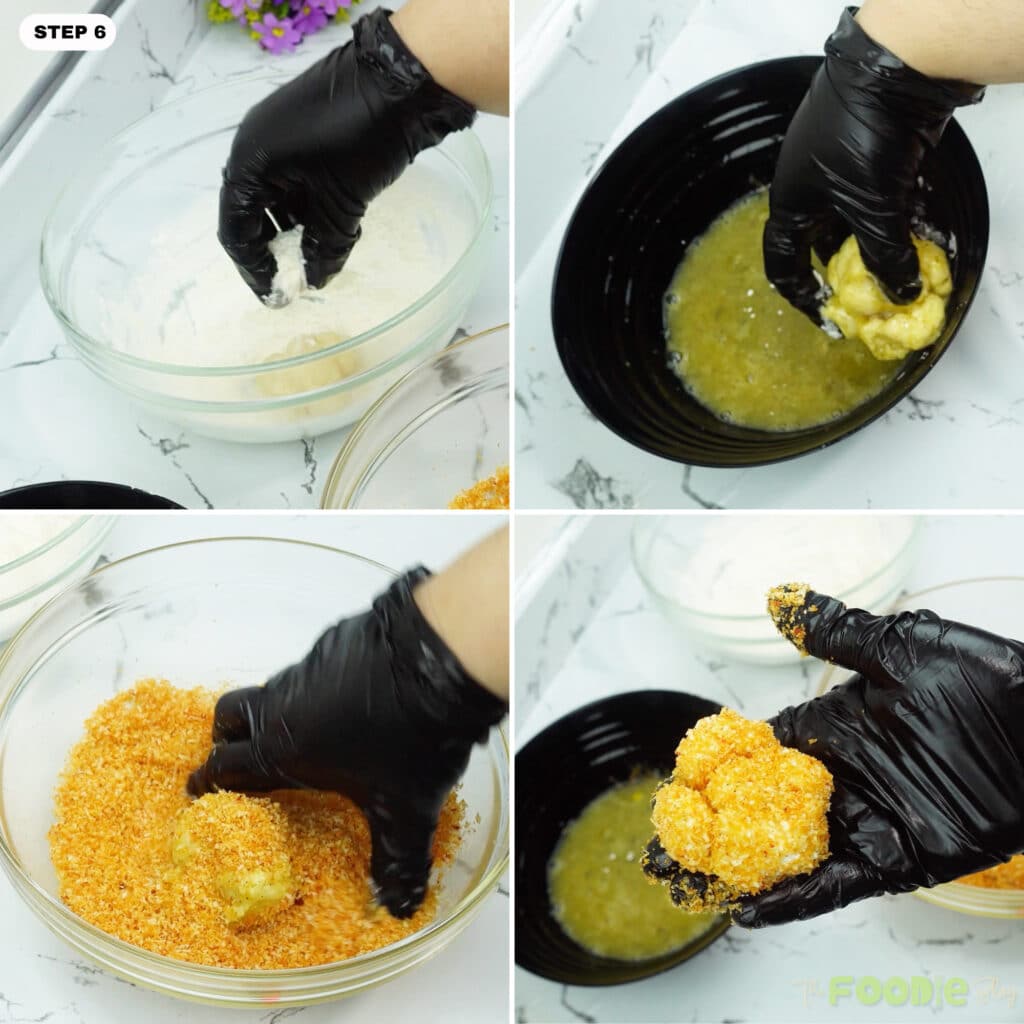 Cauliflower being dipped and coated in breadcrumbs during the breading process