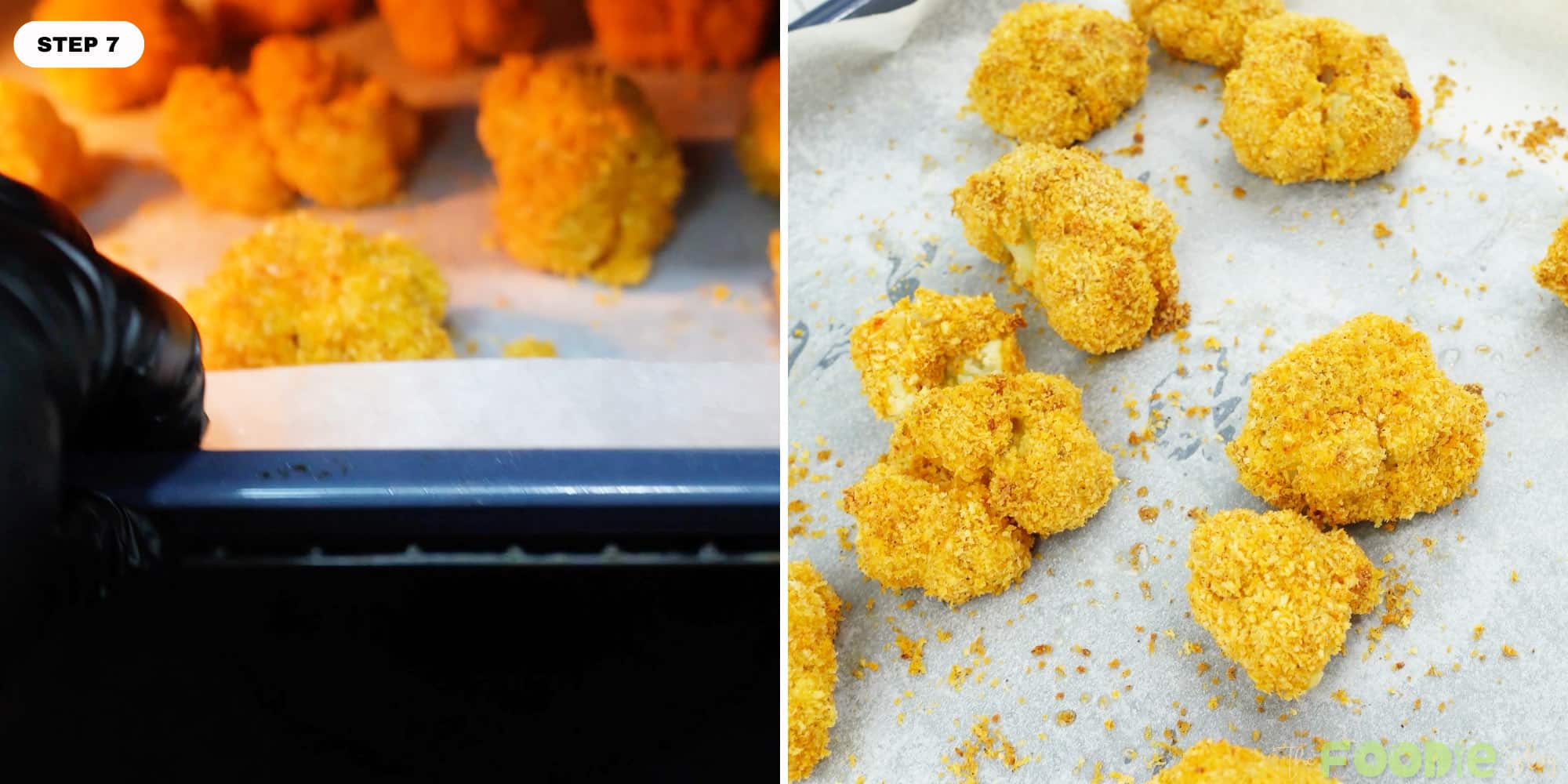 Breaded cauliflower florets on a parchment-lined baking sheet turning golden