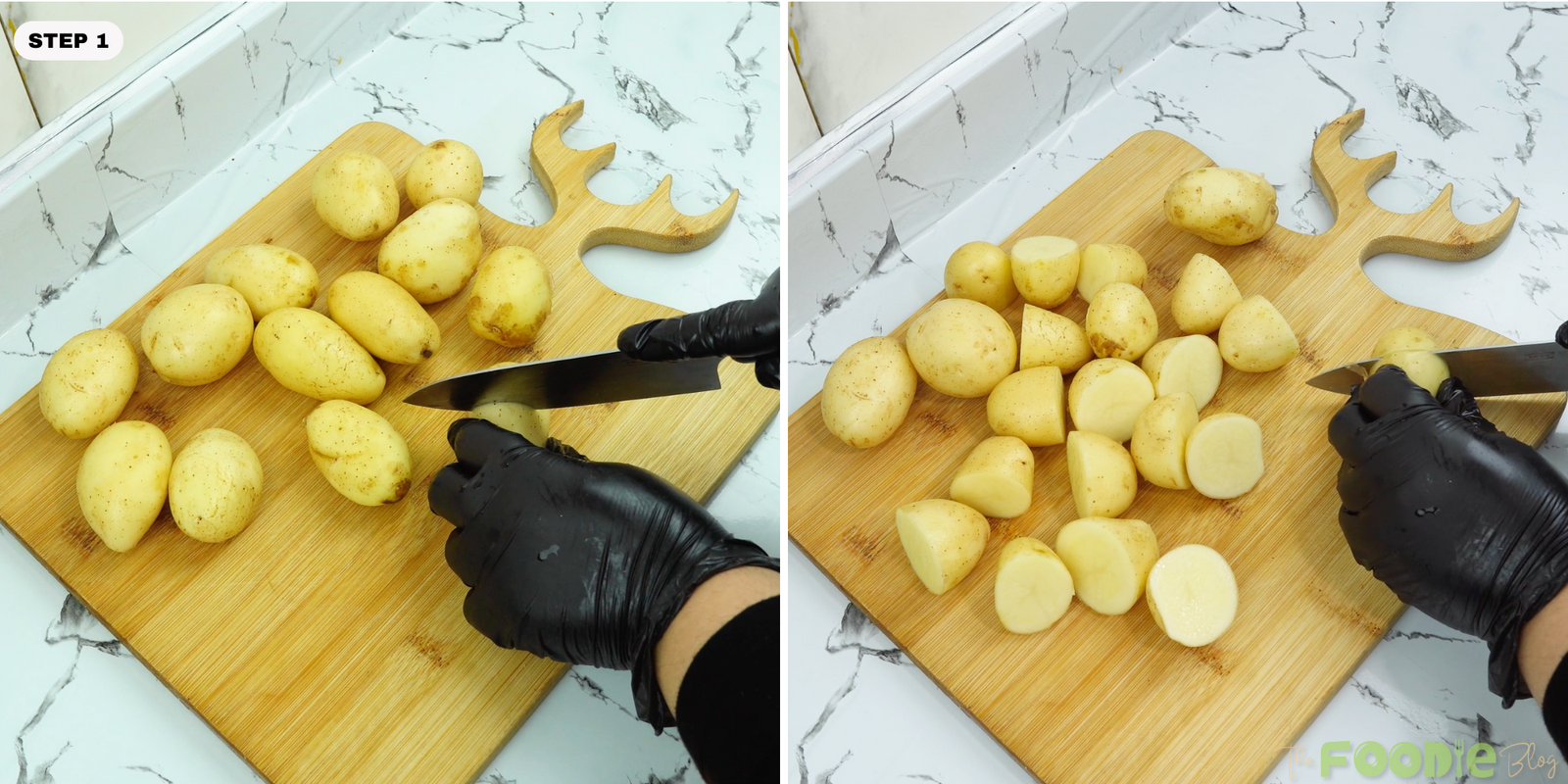 Cutting baby potatoes on a wooden board, showing whole potatoes and sliced halves