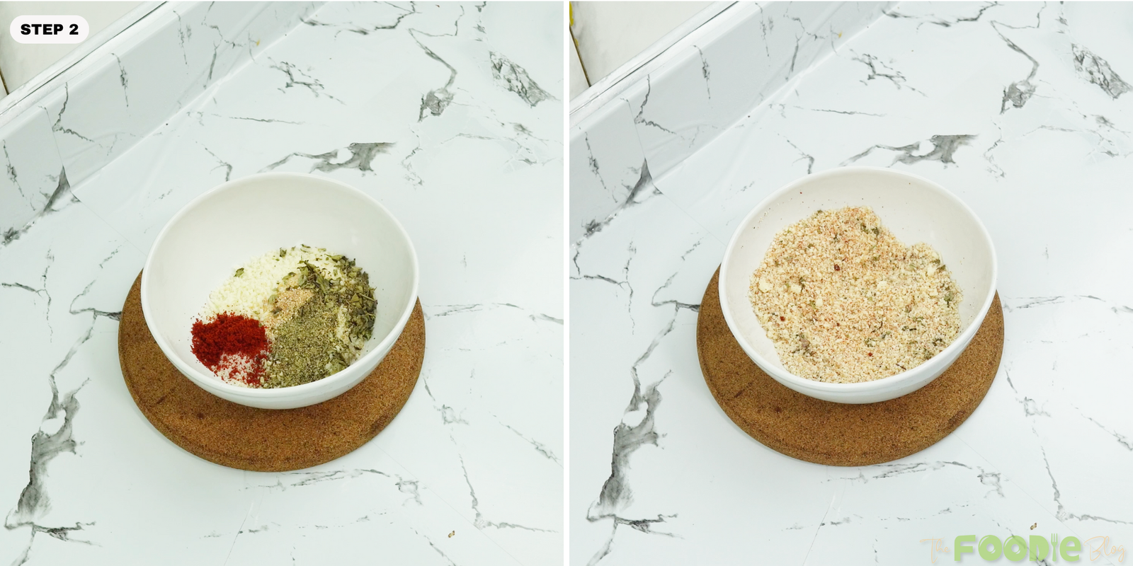 A bowl with grated Parmesan and spices before and after mixing into a seasoned crumb mixture
