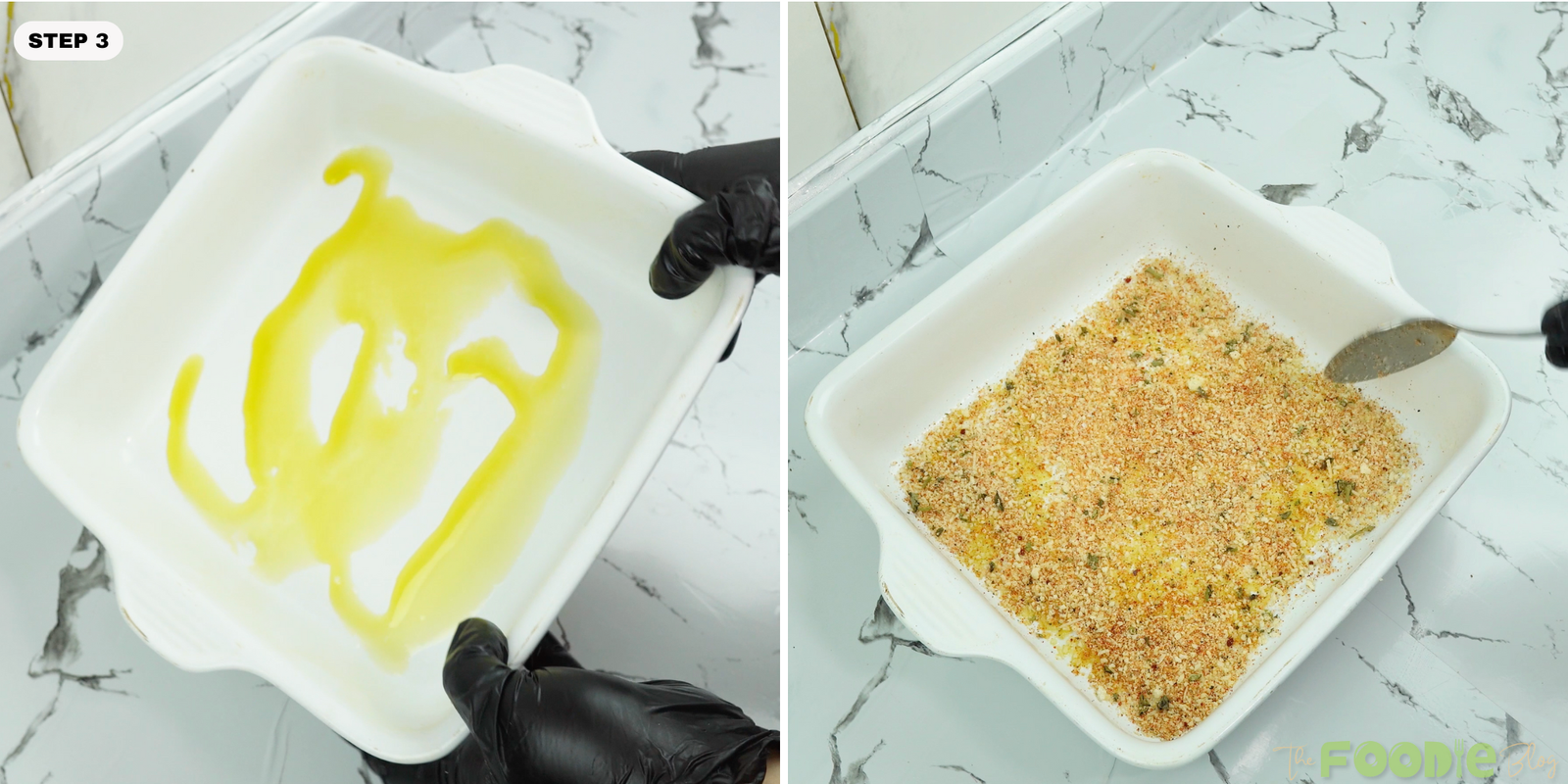 Olive oil drizzled in a baking dish and the Parmesan seasoning mixture spread across the bottom