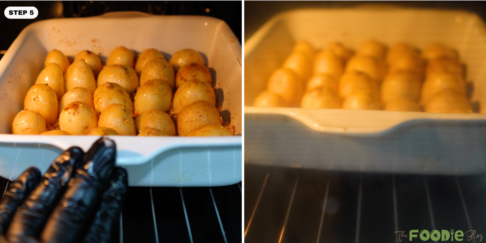 Baking dish of potatoes going into the oven, shown on the rack and through the oven door