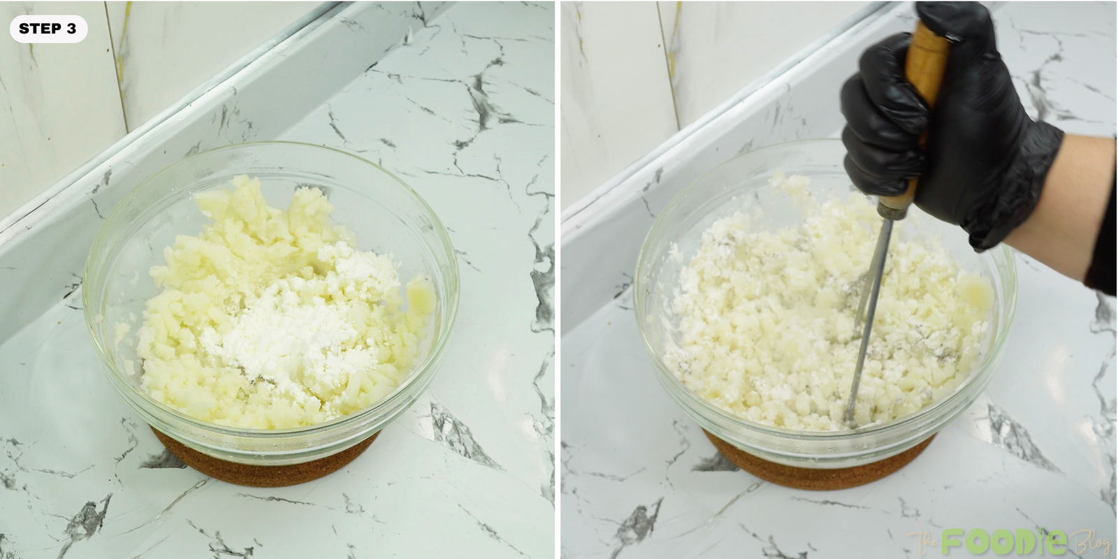 Mashed potatoes in a bowl with cornstarch being mixed in