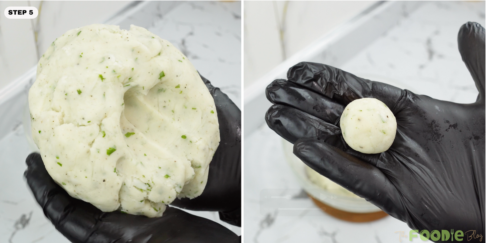 A smooth potato dough and a hand rolling a small potato ball