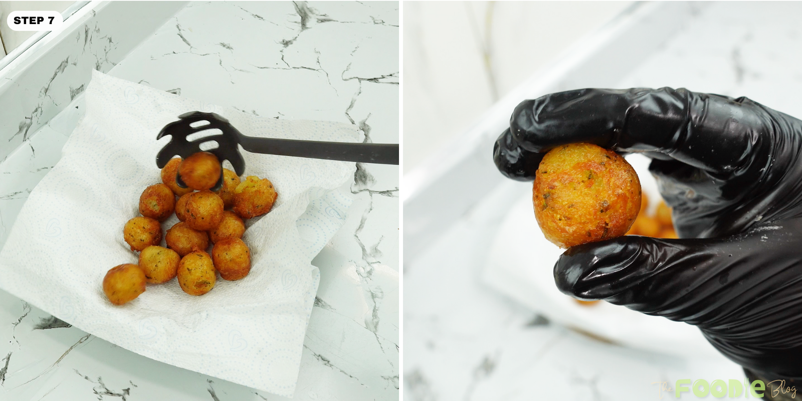 Fried potato balls draining on paper towels after frying