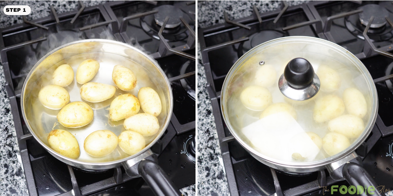 Small potatoes boiling in a pot of water on a stovetop