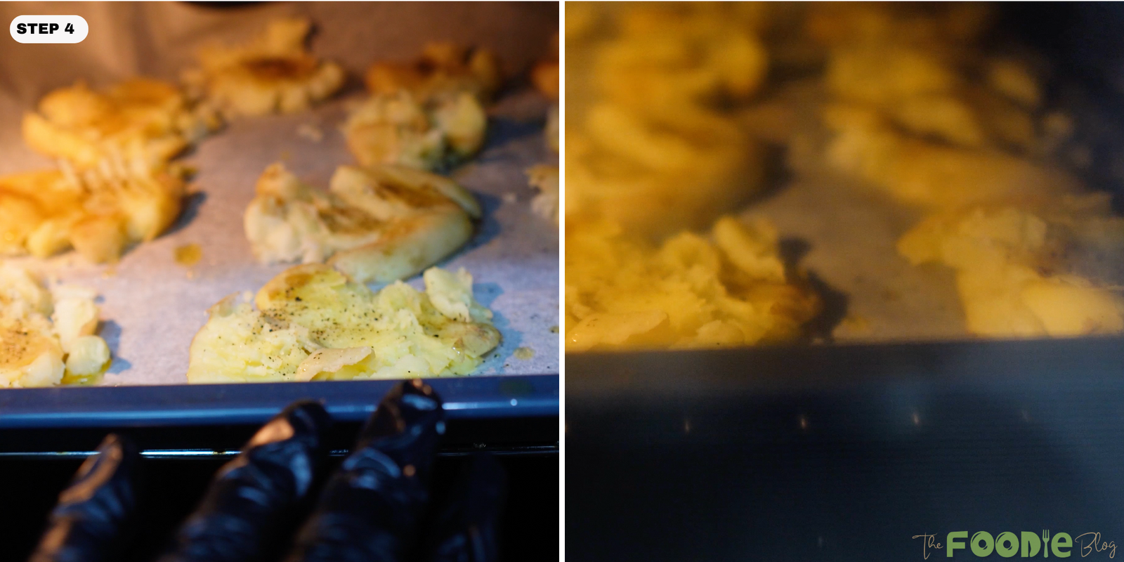 Sheet pan of smashed potatoes baking in the oven
