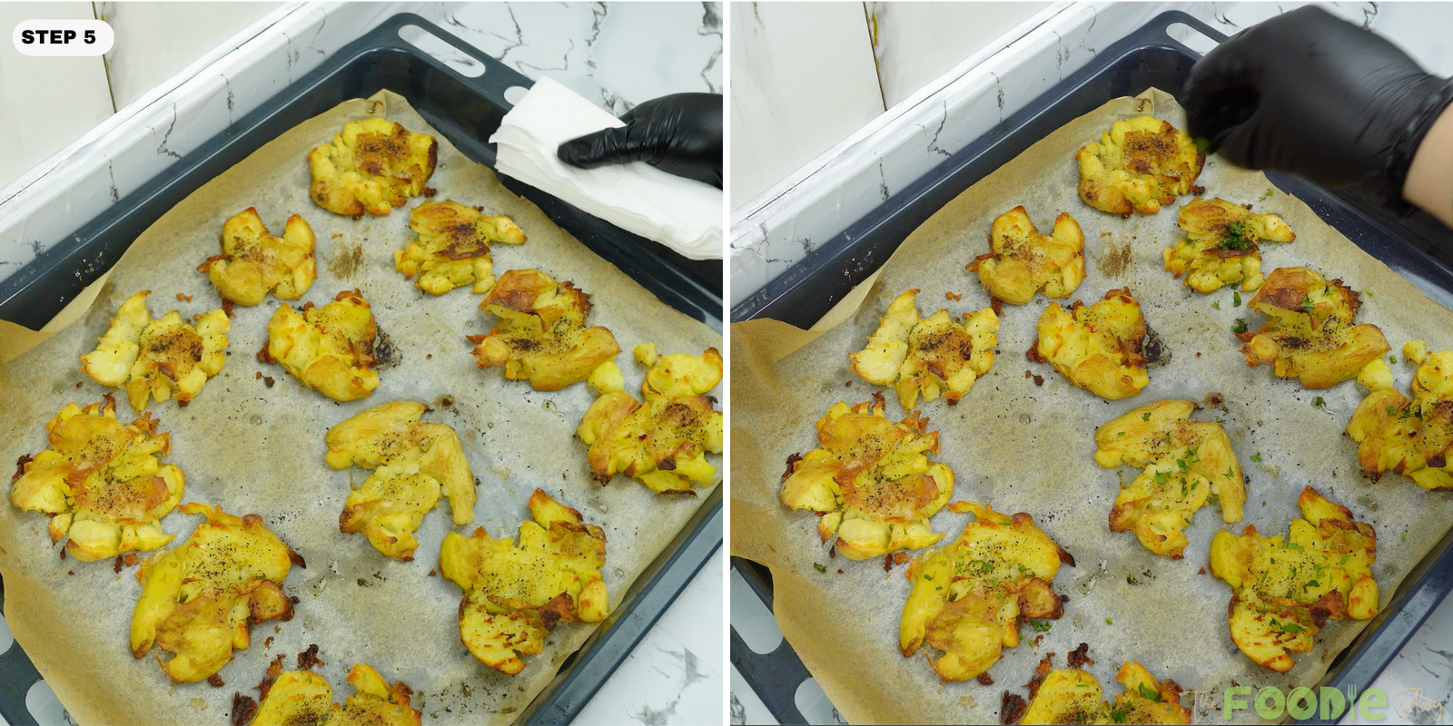 Roasted smashed potatoes on a sheet pan being finished with chopped parsley