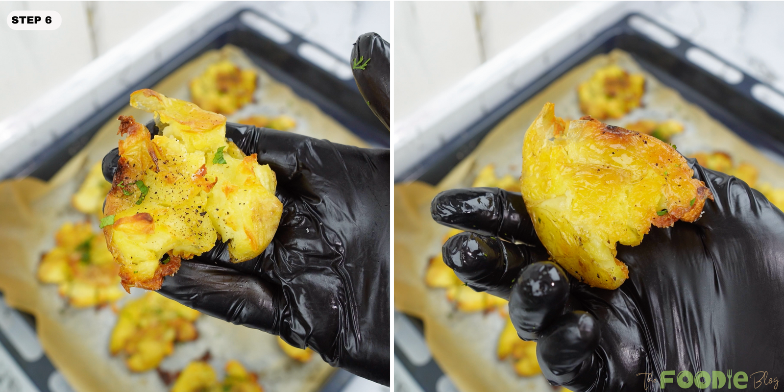 Hand holding a crispy smashed potato showing golden crust and fluffy inside