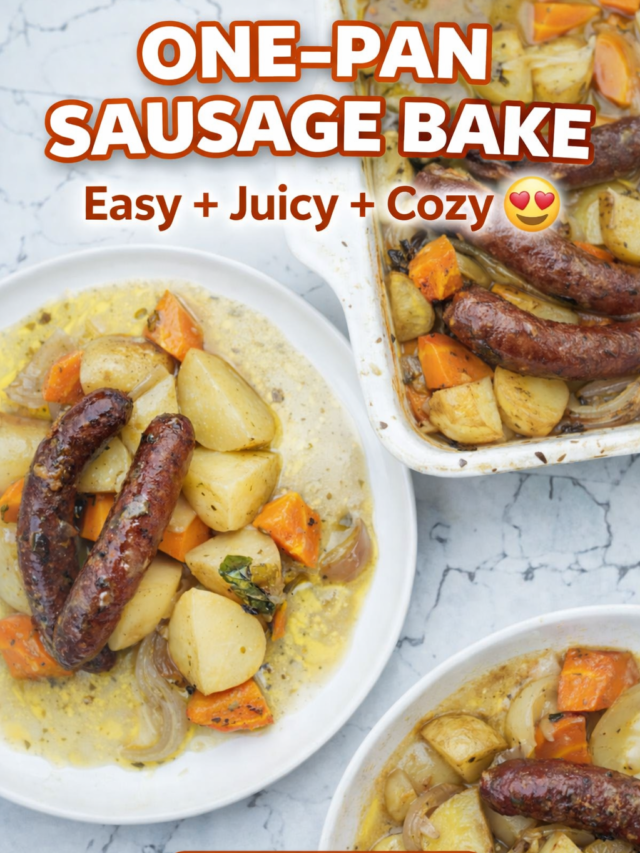 Finished one-pan sausage bake with sausages, potatoes, carrots, and onions served in a flavorful broth.