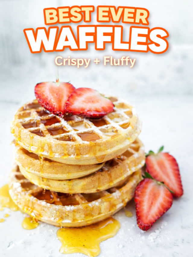Stack of golden homemade waffles with strawberries and syrup, crispy and fluffy breakfast recipe cover.