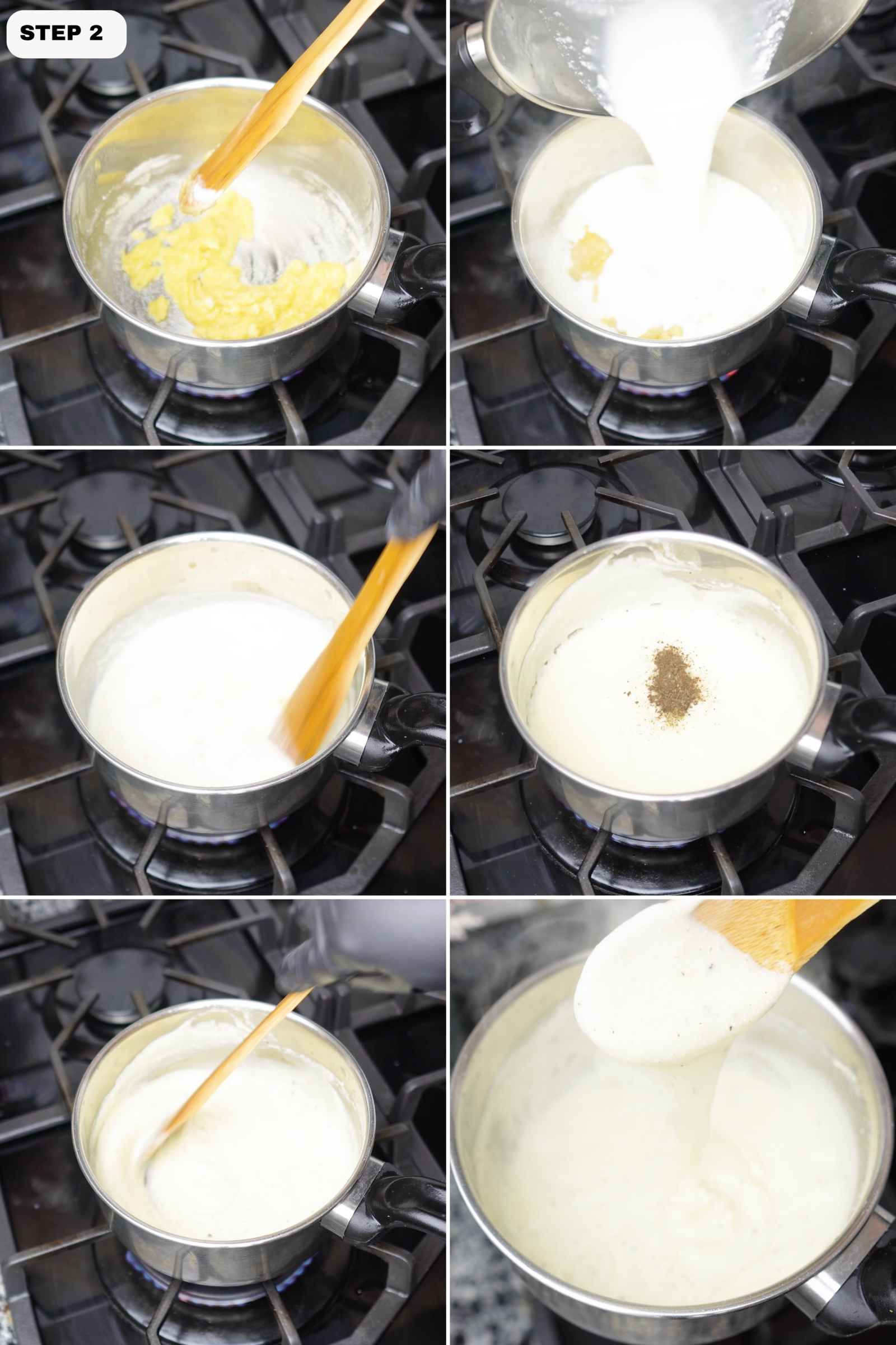 Roux and milk mixture being stirred in a saucepan until smooth and creamy