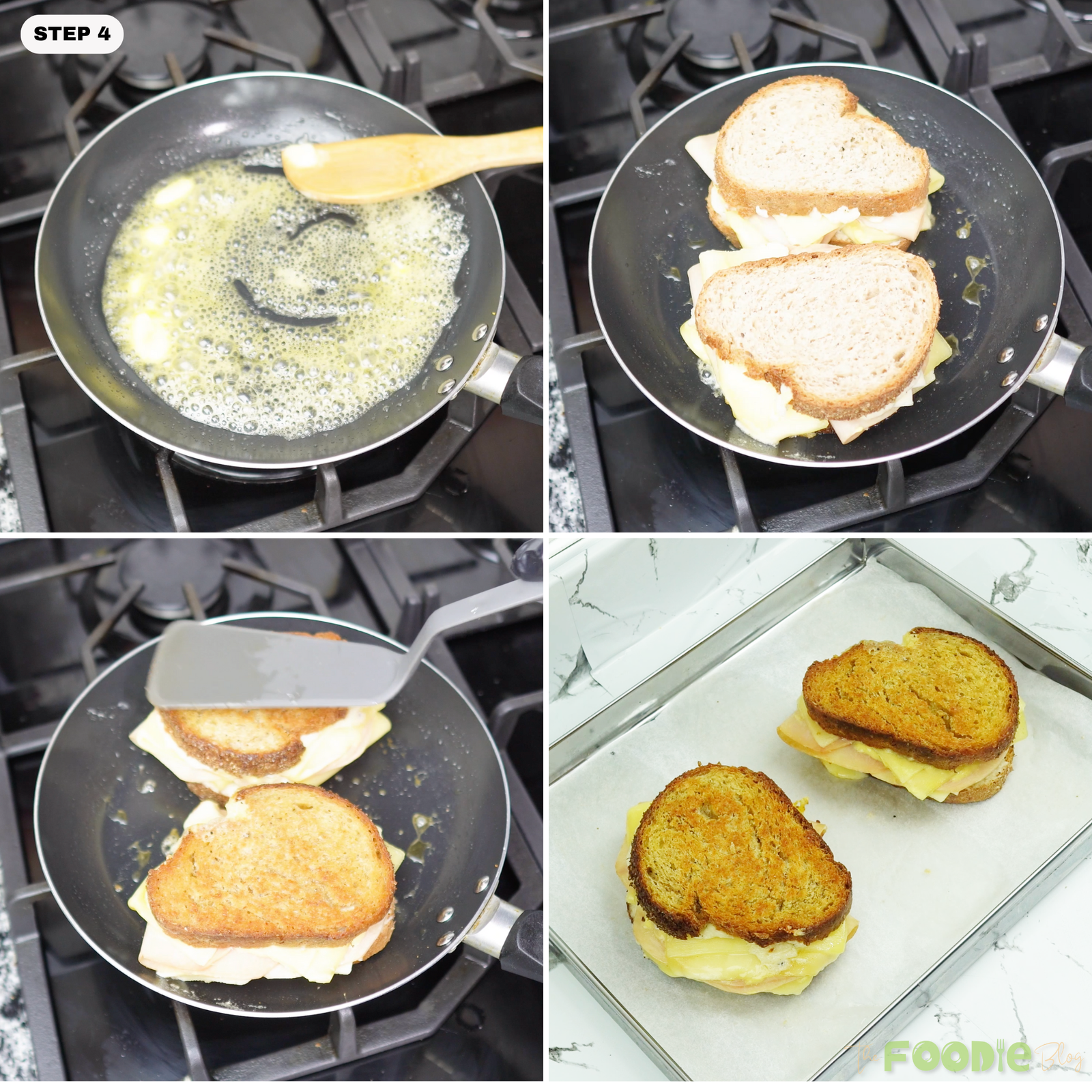 Ham and cheese sandwiches browning in a skillet with melted butter