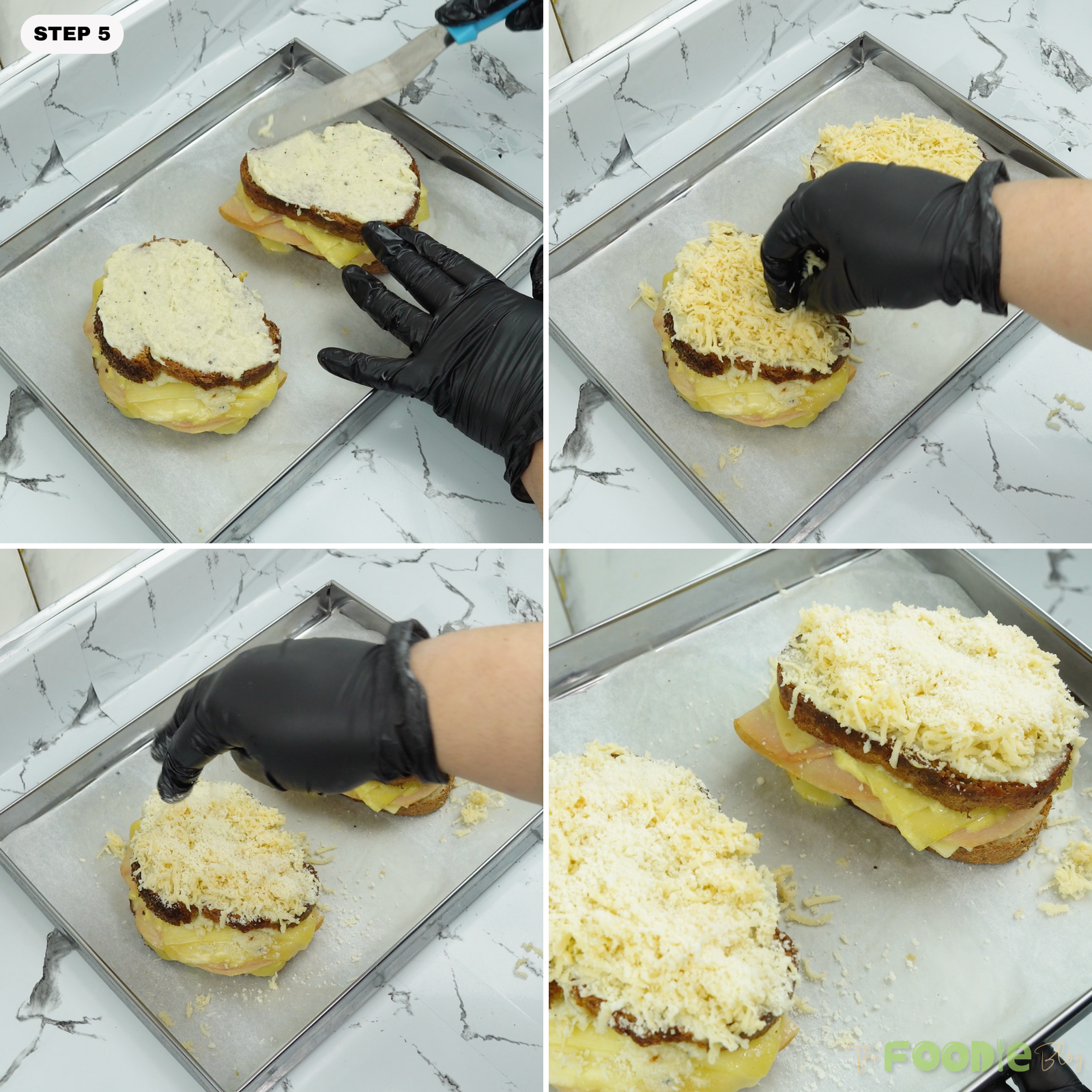 Béchamel spread over toasted sandwiches then topped with shredded Gruyère and Parmesan