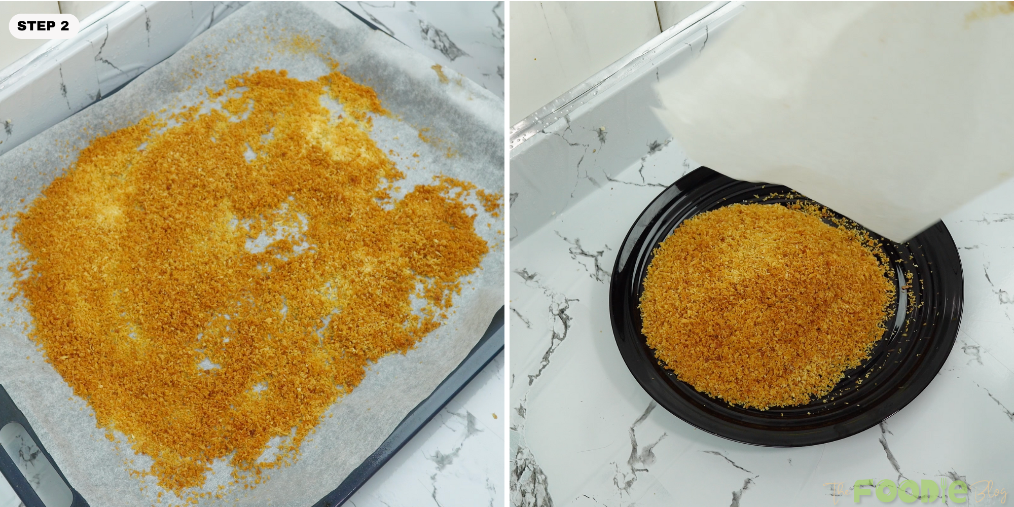 Toasted panko breadcrumbs turned golden brown and poured into a plate