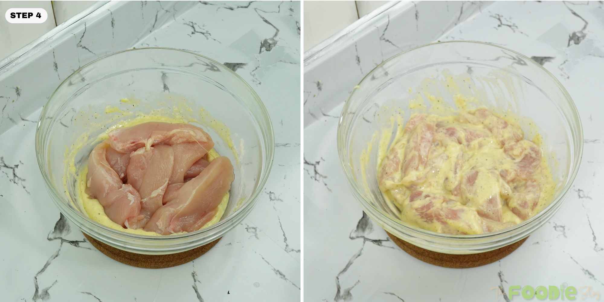 Chicken tenderloins tossed in a creamy mayo-Dijon mixture in a glass bowl