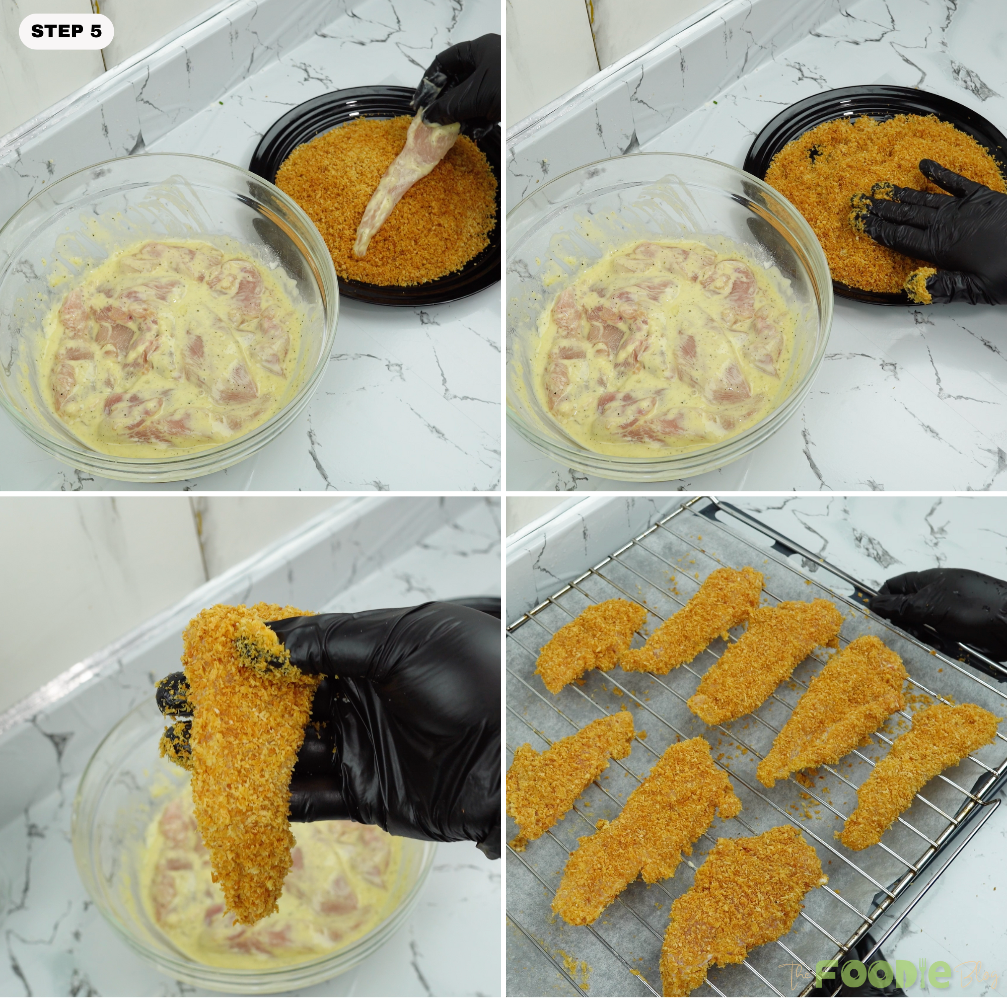 Chicken tender coated in toasted panko and placed on a wire rack for baking