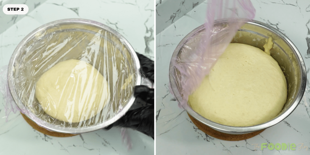 Donut dough covered in a bowl before and after rising