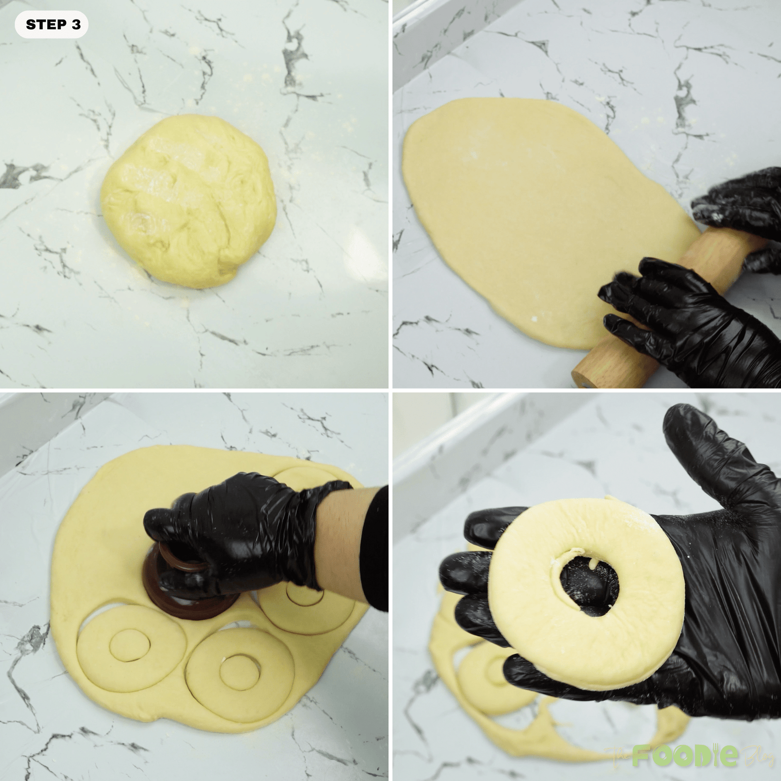 Rolled donut dough being cut into rings with a cutter