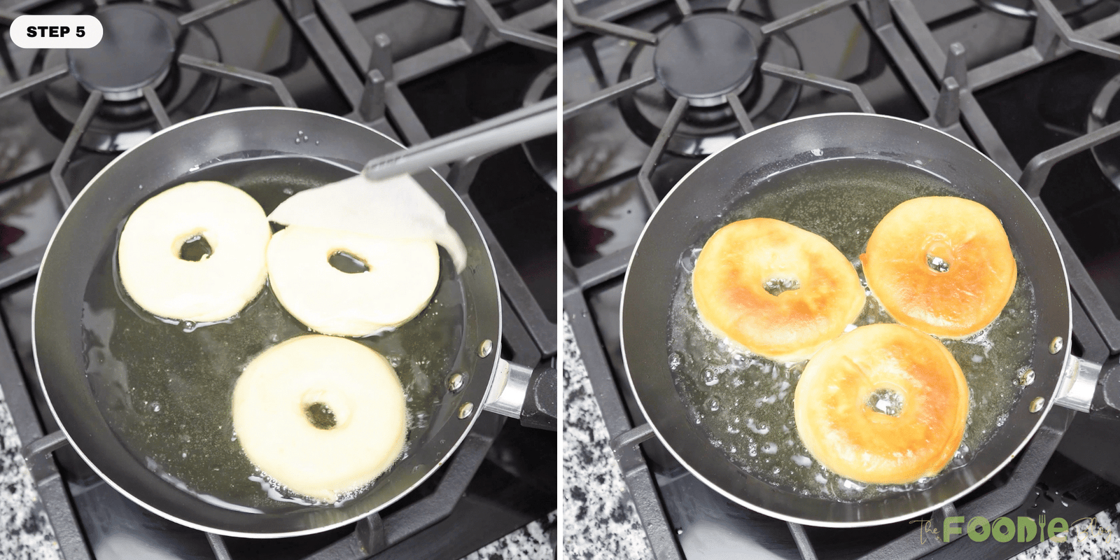 Donut rings frying in hot oil before and after turning golden